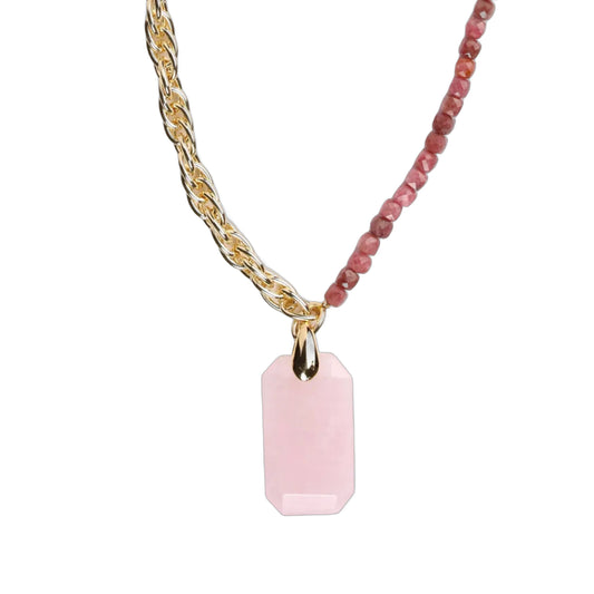 Collier en rhodonite & pendentifs en quartz rose ciselé – Chaîne plaquée or fin