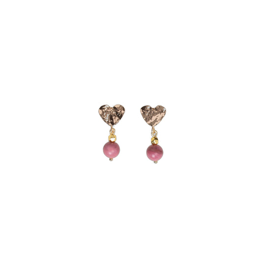 Boucles d'oreilles attache martélée en forme de coeur - Pierre naturelle de Rhodonite