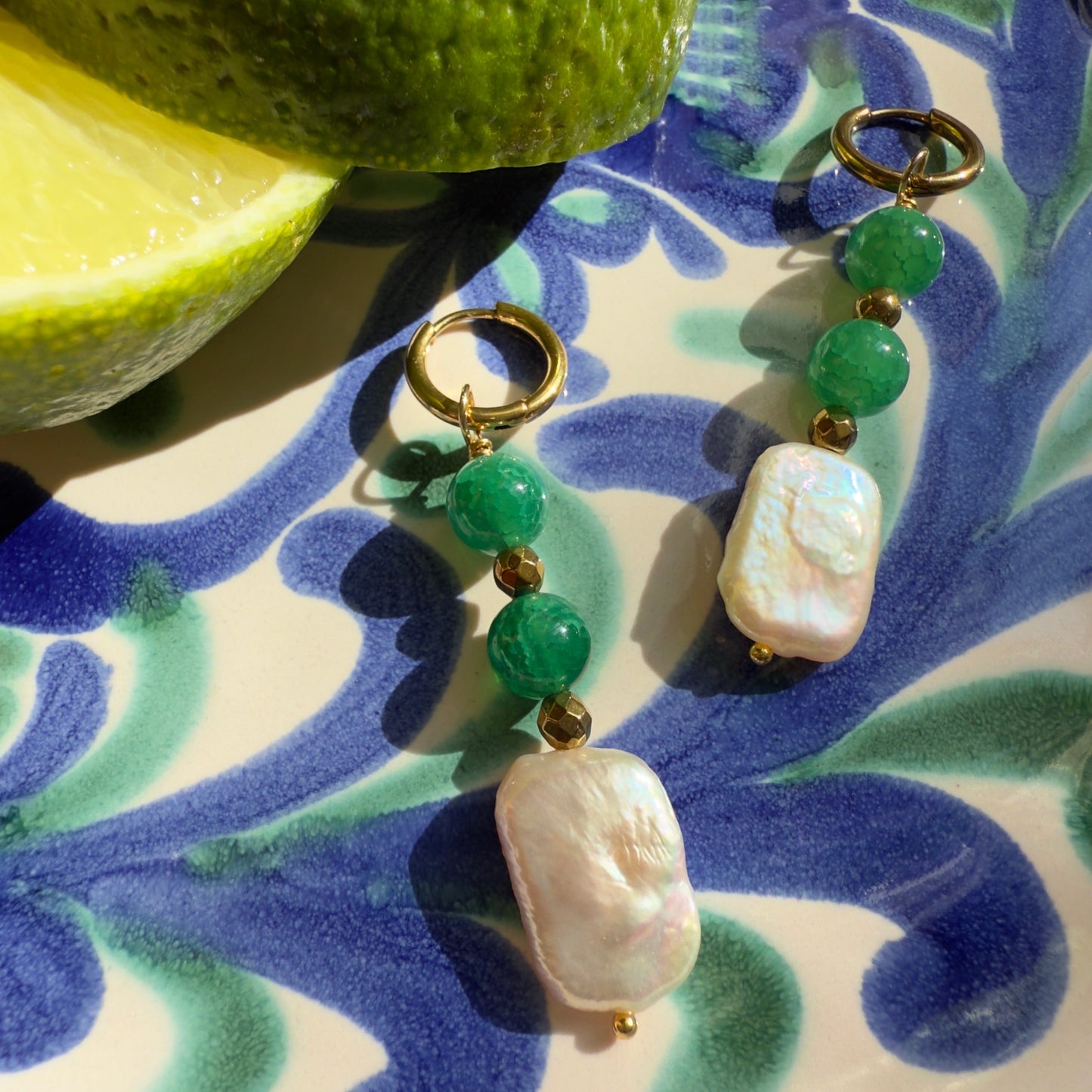 Boucles d'oreilles Perle d'eau douce et agates craquelées