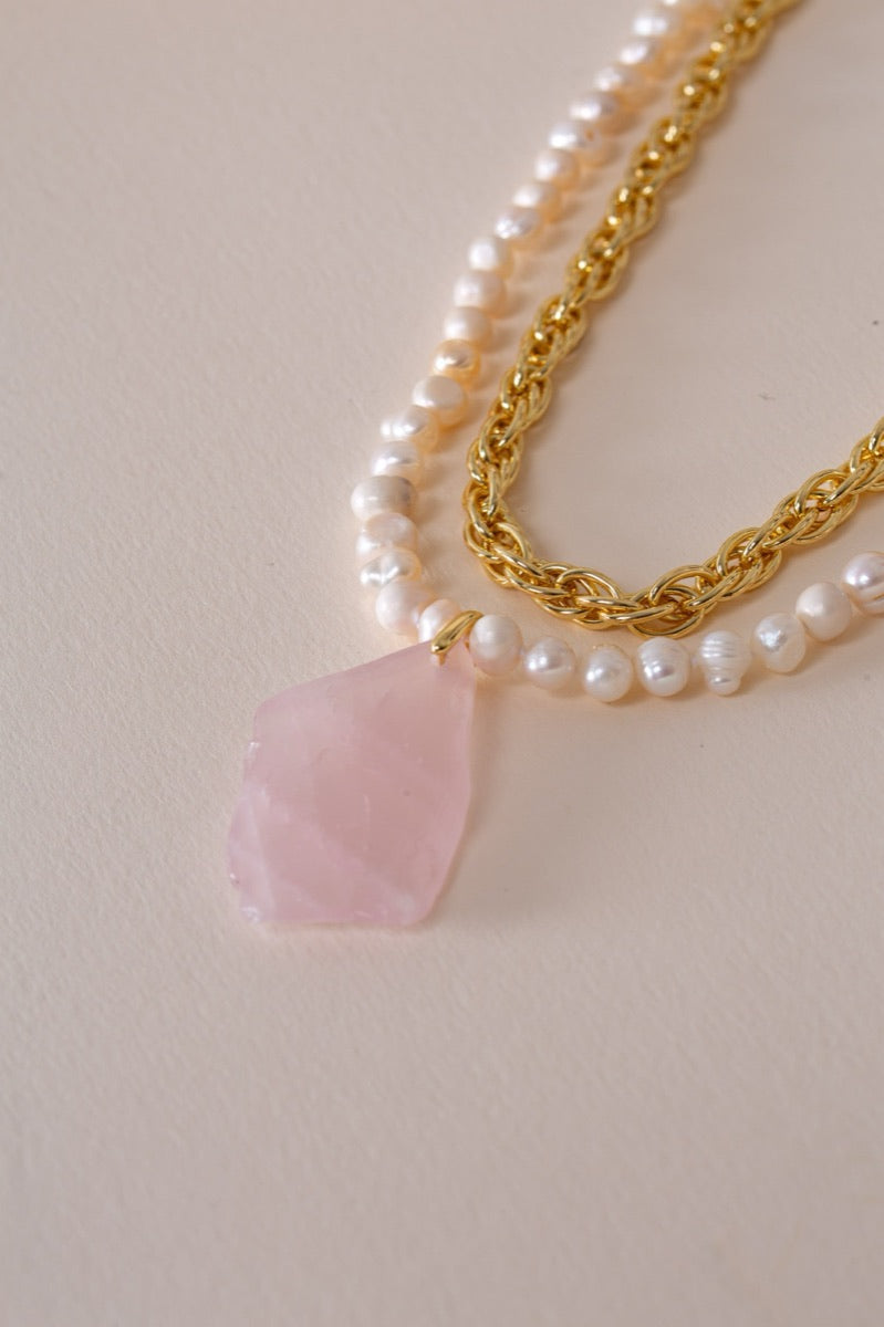 Freshwater pearl and raw rose quartz necklace
