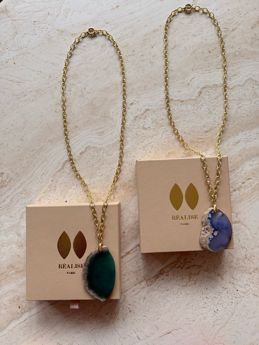 Agate necklaces on gold-plated chains